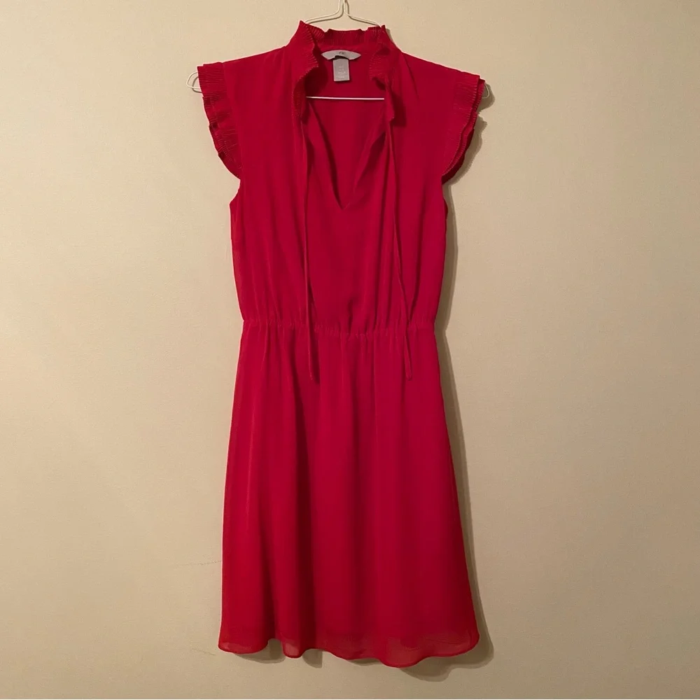 H&M red dress mini length cap sleeves elastic waist flowing material size 0 - Picture 3 of 15